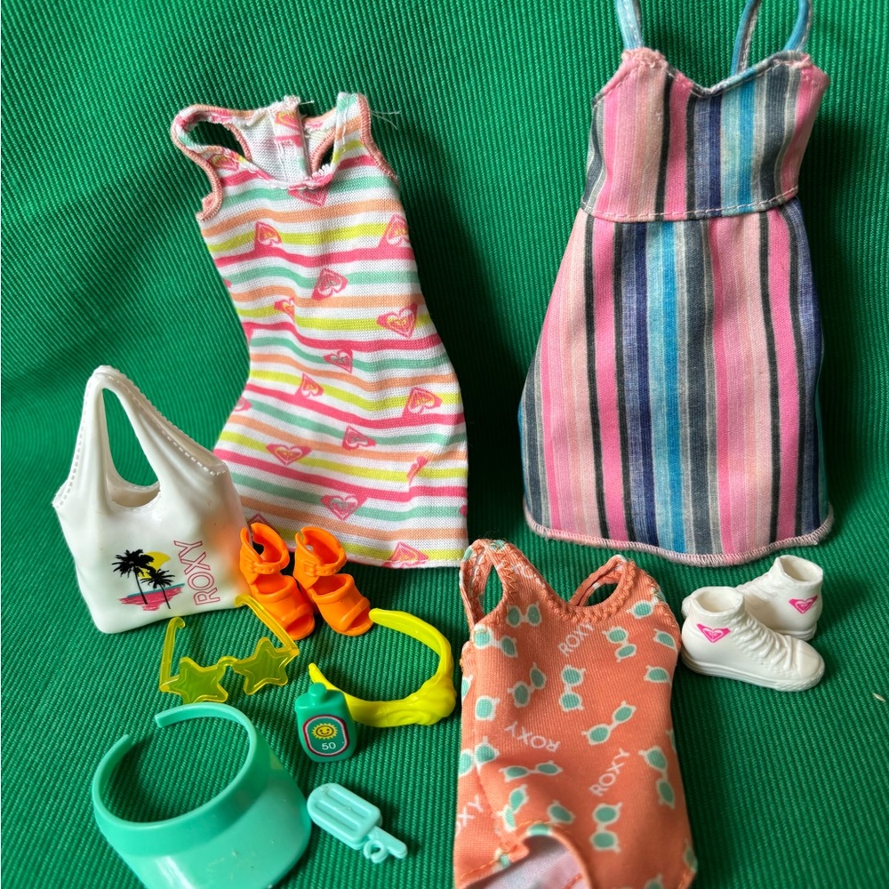 Barbie Roxy Fashion clothes Beach swimsuit dress purse lotion +  Sundress Shoes